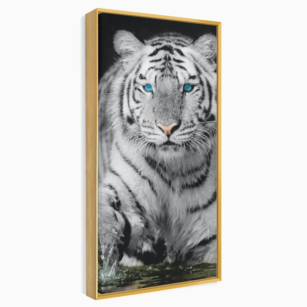 Tablou canvas cu tablou canvas cu tigru alb, in rama de aluminiu auriu